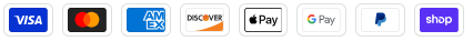 Visa, Mastercard, American Express, Discover, Apple Pay, Google Pay, PayPal, and Shop Pay accepted